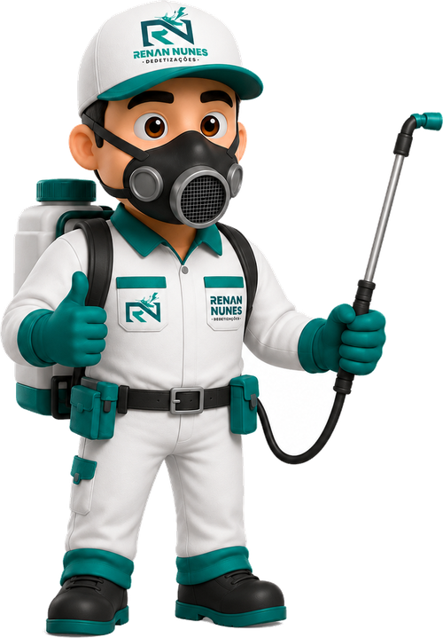 Mascote técnico da RN Dedetizações com equipamento de pulverização